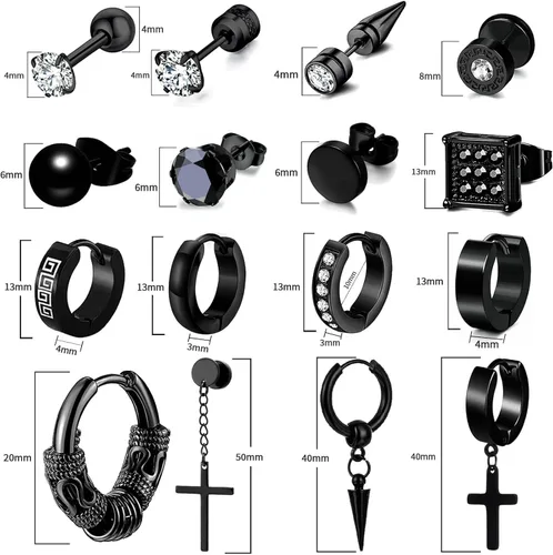 Vista 2 de Juego de 16 pares de aretes para hombre, acero inoxidable de alta calidad, hipoalergénicos y elegantes, aretes de cruz para hombre, juego de aretes
