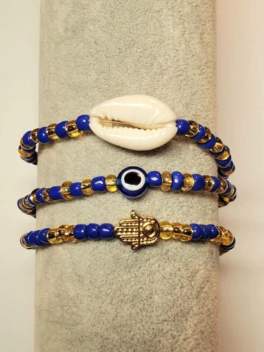 Vista 22 de 3 pcs Ilde Cowrie seashell Evil Eye Hamsa Hand Orisha Santeria Pulseras Bracelet Set