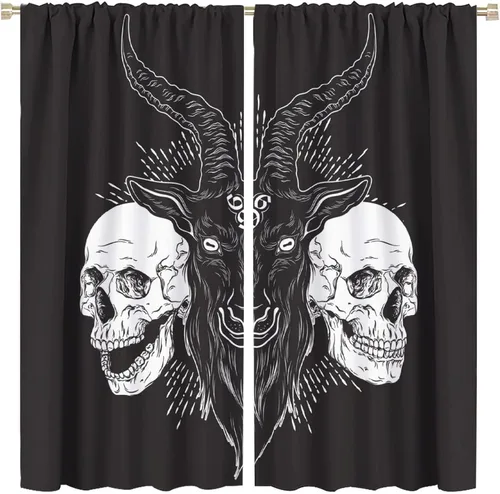 Vista 9 de BAEKJIN Cortinas de cabeza de cabra, diseño de calavera malvada, bruja, símbolo misterioso, bolsillo para barra, cortinas opacas para ventana, juego