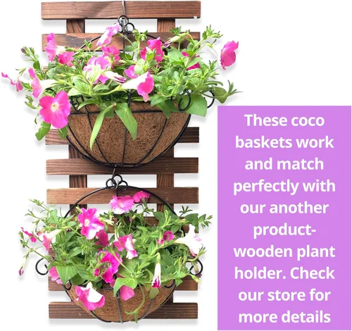 Vista 5 de Shoplala Maceta colgante de pared para exteriores (paquete de 2, 10 pulgadas), cesta colgante de flores de metal negro para plantas, macetas
