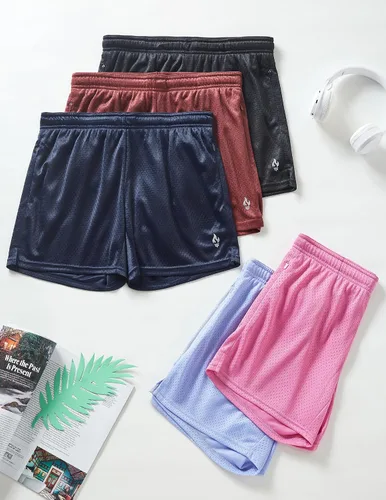 Vista 7 de Paquete de 5 pantalones cortos deportivos para mujer de malla para baloncesto, pantalones cortos sueltos con bolsillos con cremallera, entrepierna