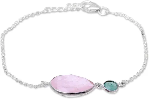 Vista 2 de NOVICA Pulsera de cadena de plata de ley 925 de cuarzo rosa, 7.0in, cristal brillante