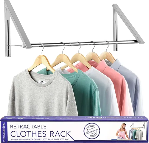 Vista 10 de Doble Perchero Plegable para Ropa con Barra Extensible, Perchero Retráctil Montado en Pared para Secador de Ropa, Barra de Secado Colgante, Pequeños
