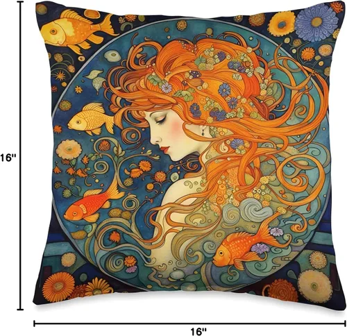 Vista 4 de Red haired Art Nouveau Woman Of The Waters Hermosa almohada estilo Art Nouveau de la mujer pelirroja de las aguas, 16 x 16 pulgadas, multicolor