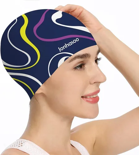 Vista 7 de Gorro de natación de silicona para mujer, gorras de natación impermeables de pelo largo con rayas de color impresas