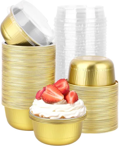 Vista 12 de Beasea Disposable Ramekins with Lids, 50 Pack 8oz 235ml Aluminum Foil Baking Cups with Lids, Aluminum Creme Brulee Ramekins Muffin Cupcake Pudding