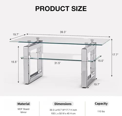 Vista 2 de IKIFLY Mesa de centro de cristal con tablas de vidrio de 2 niveles y patas de metal resistentes, mesa auxiliar rectangular de vidrio transparente