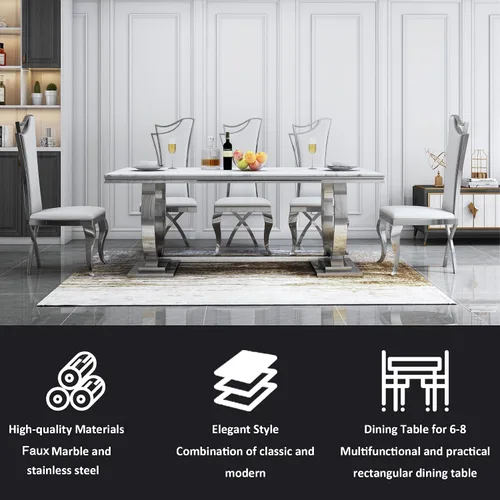 Vista 5 de Juego de mesa de comedor de mármol sintético, 7 piezas, juego de mesa de cocina y comedor para 6, mesa de comedor rectangular blanca de 70 pulgadas