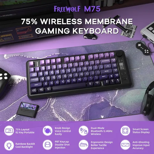 Vista 2 de Teclado inalámbrico para juegos M75, membrana mecánica con perilla y pantalla OLED Bluetooth2.4Ghz Rainbow Backlit Gradient PBT Keycaps 2000mAH