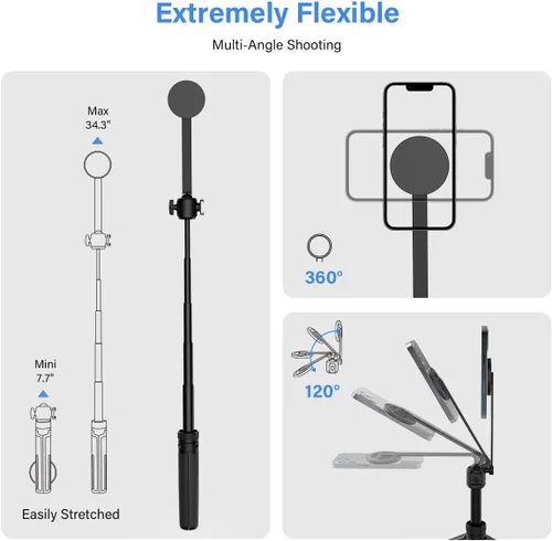 Vista 3 de PHOPIK Trípode magnético para teléfono selfie stick de 35 pulgadas, trípode extensible para teléfono con zapata fría y control remoto, compatible