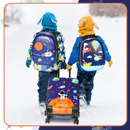 Vista 4 de Weewooday Maleta y mochila para niños de 18 pulgadas con rueda giratoria, estuche rígido de viaje de 13 pulgadas, mochila para niña, juego