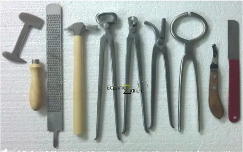 Vista 2 de Kit de herramientas de herrador de caballos – Juego completo de 9 piezas para el cuidado de pezuñas con pinzas de pezuñas, cuchillo de pezuña