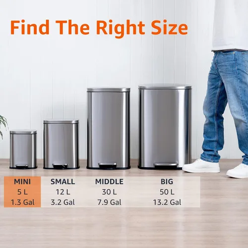 Vista 4 de Amazon Basics Mini cubo de basura rectangular resistente a las manchas con pedal de cierre suave, acero inoxidable cepillado, para baño y espacios