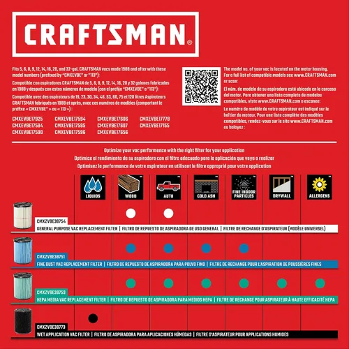 Vista 7 de CRAFTSMAN CMXZVBE38751 - Filtro de vacío para polvo fino en seco y húmedo (5-20 galones) Se adapta a la mayoría de aspiradoras CRAFTSMAN de 5 a 20