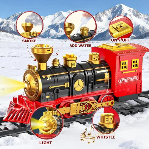 Vista 2 de Juego de tren eléctrico para niños, juguetes de tren de Navidad con humo, luz y sonido, pistas de tren de construcción de bricolaje debajo del árbol