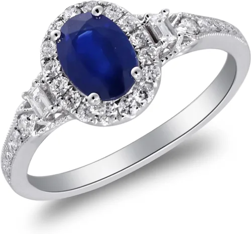 Vista 2 de Gin & Grace Anillo de zafiro azul genuino de oro blanco de 14 quilates con diamantes para mujer. Joyas hechas a mano de zafiro con forma de óvalo