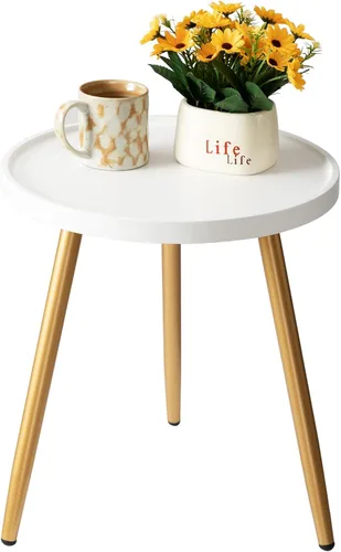 Vista 13 de Mesa auxiliar redonda negra, mesa decorativa con patas de metal con bandeja de madera, mesa auxiliar redonda pequeña para sala de estar, dormitorio