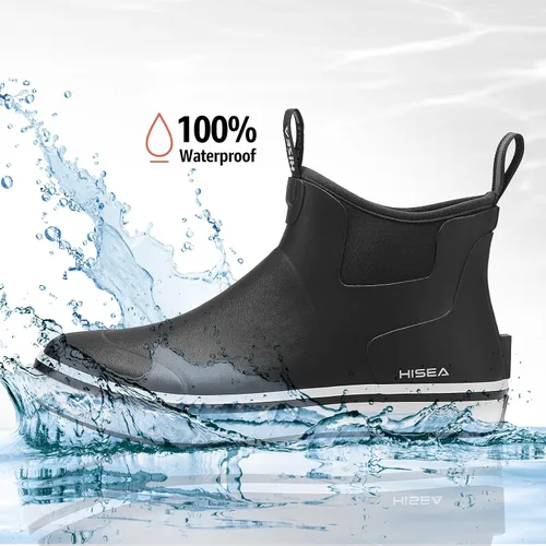 Vista 4 de HISEA Botas de lluvia para hombre, impermeables, de goma, neopreno, zapatos Negro