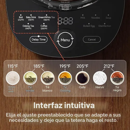 Vista 3 de Hervidor Eléctrico de Vidrio Caliente con Infusor de Té y Control de Temperatura, Tetera de Acero Inoxidable de 1.5L y Hervido Rápido de 1200W Azul