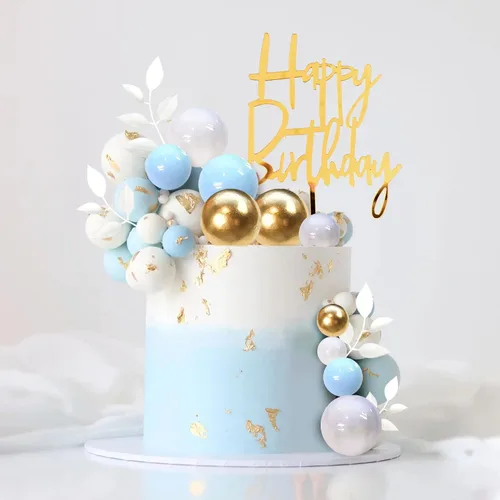 Vista 4 de Decoración de bolas azules para tarta, decoración bohemia de hierba para tarta, bolas de perlas azules, blancas y doradas, decoración de pastel