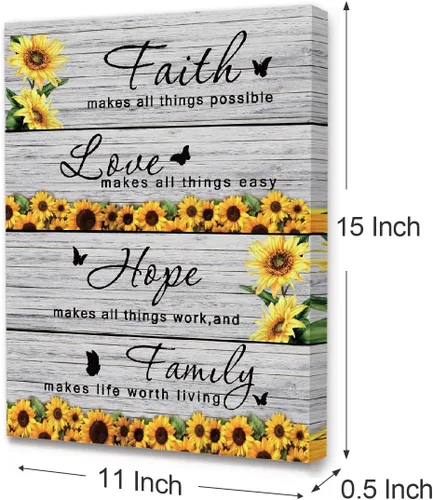Vista 2 de Arte de Pared Moderno Rústico Faith Hope Family Girasol Marco Lienzo, Pintura en Lienzo de Arte de Pared Motivacional para Decoración del Hogar