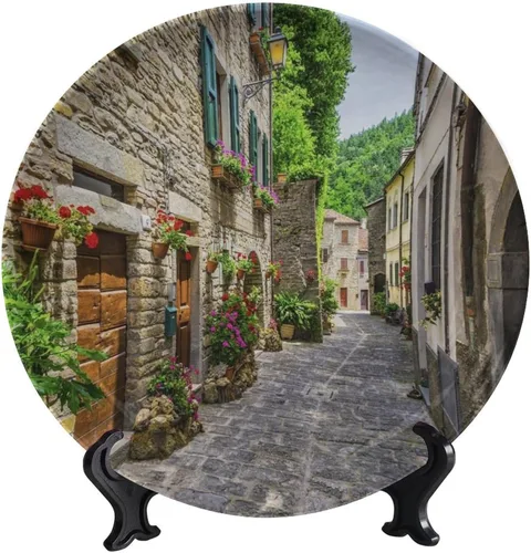Vista 66 de Plato decorativo colgante de cerámica con temática de paisaje, plato decorativo redondo de plantas en maceta, con soporte decorativo, para sala