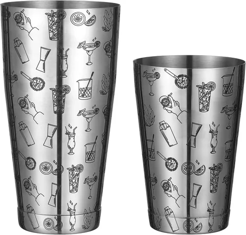 Vista 2 de Juego de agitador Boston Shaker de acero inoxidable con patrón grabado, coctelera pesada con imágenes de cócteles