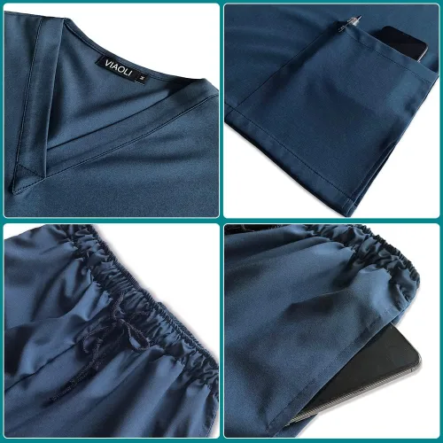 Vista 5 de Conjunto de uniformes quirúrgicos para mujer, pantalones deportivos con cuello en V, bolsillo (verde, XL)