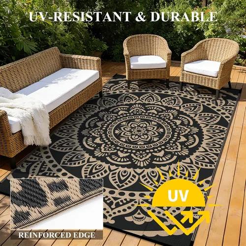 Vista 7 de Bsmathom Alfombra impermeable para exteriores de 5'x8' reversible de pajita de plástico estilo boho para patio, terraza, camping, alfombras para RV