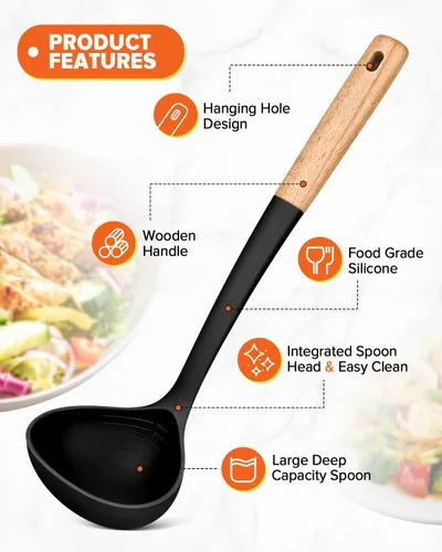 Vista 4 de Juego de tenedor y cucharón para pasta, perfecto para servir sopa caliente, remover y salsa de pasta, silicona mate libre de BPA, cuchara