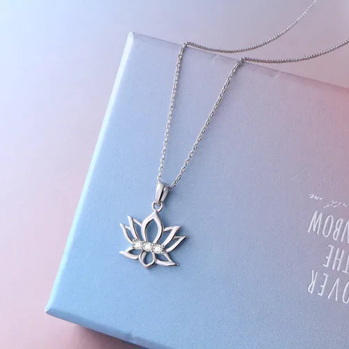 Vista 3 de Collar con colgante de flor de loto de plata de ley 925 con diseño inspirador de circonita cúbica para mujeres y niñas, regalo de yoga, 16 pulgadas