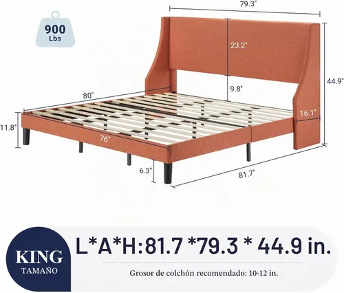 Vista 2 de Allewie Marco de Cama de Plataforma Tamaño King con Cabecera Tapizada, Wingback Moderno de Lujo, Soporte de Listones de Madera, Base de Colchón
