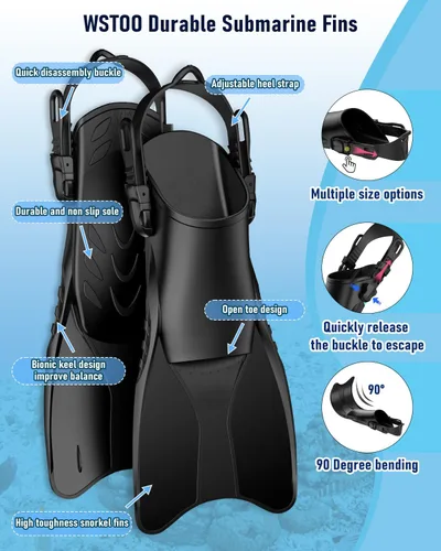 Vista 5 de WSTOO Mask Fins Snorkel Set,Snorkeling Gear for Adults,Full Face Snorkel Mask & Adjustable Swim Fins,Dry Top System Anti-Fog Anti-Leak