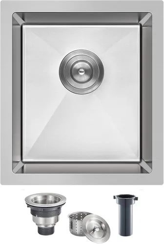 Vista 9 de Fregadero de cocina empotrado de 15 x 15 pulgadas, fregadero de barra de cocina de acero inoxidable T-304 hecho a mano de cuenco único o pequeño