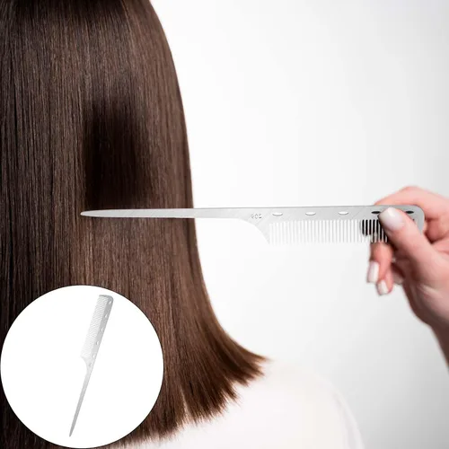 Vista 4 de Peine de cola de rata de metal con púa de metal, peines de pelo de acero inoxidable, parte superior plana, peines de corte fino, peine de peluquero