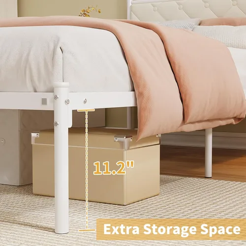 Vista 6 de Elephance Base de cama individual con cabecero tapizado, plataforma de metal con espacio de almacenamiento de 11.2 pulgadas, con botón capitoné,