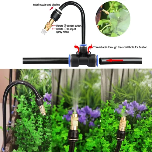 Vista 5 de Kit de riego por goteo de 50 pies, sistema automático de riego de jardín con conectores rápidos sin herramientas, goteros de flexión de 360°
