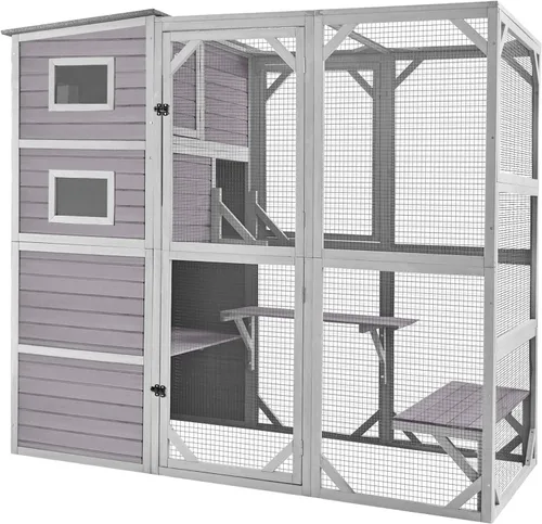 Vista 9 de Gran recinto de madera Catio para gatos al aire libre, condominio para gatos con 7 plataformas de escalada, 2 casas de siestas, panel de ventana