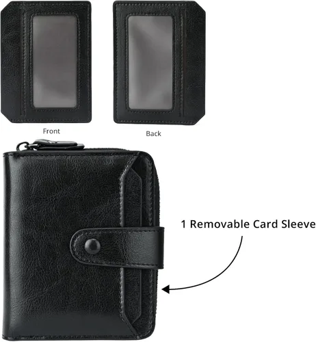 Vista 4 de Billetera pequeña para mujer con bloqueo RFID, cierre de cuero, bolsillo para monedas, tarjetero, con ventana de identificación, Negro