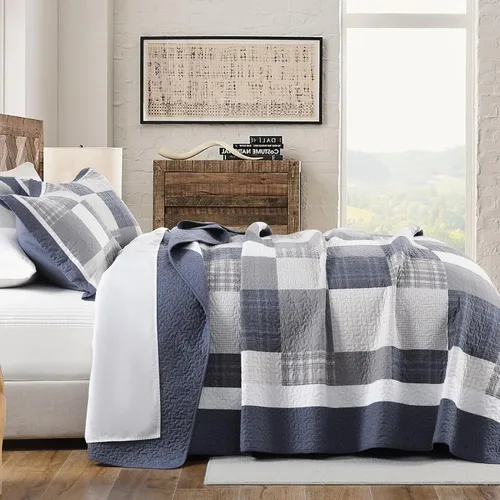 Vista 3 de KALOOLA Colchas de granja tamaño Queen – Juego de ropa de cama acolchado ligero 100% algodón, 3 piezas, colcha a cuadros estampada con 2 fundas