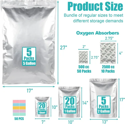 Vista 2 de 50 bolsas de Mylar para almacenamiento de alimentos con absorbentes de oxígeno, bolsas de Mylar extra gruesas de 15 mil, juego de 4 tamaños