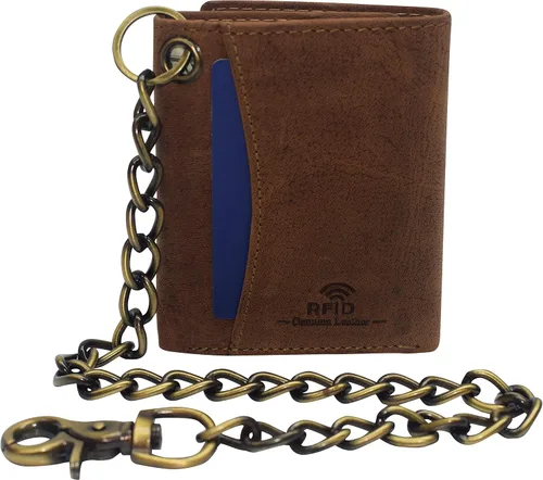 Vista 5 de Billetera de cuero vintage con bloqueo RFID para hombre, con cierre a presión, Beige Bronceado, Cartera Biker