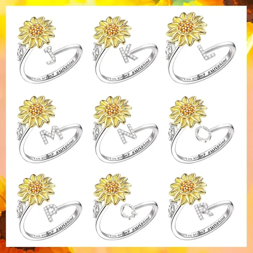 Vista 8 de Kucheed Anillos giratorios para mujeres, anillo giratorio de tamaño ajustable con diseño de girasol, anillo circular de dedo plateado apilable