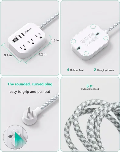 Vista 7 de Regleta de alimentación de enchufe plano con puertos USB - Cable de extensión de 10 pies con 3 salidas y 3 puertos de carga USB, montaje en pared
