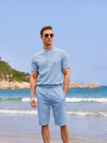 Vista 2 de COOFANDY Conjunto de lino de 2 piezas para hombre camisas casuales Henley de manga corta pantalones cortos de yoga para playa trajes de verano