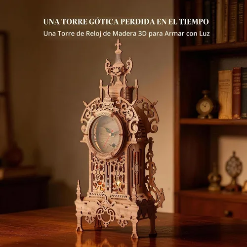 Vista 7 de FUNPOLA Rompecabezas de madera 3D Reloj de torre LED, rompecabezas 3D edificio de escritorio, modelo de bloques de construcción arquitectónicos
