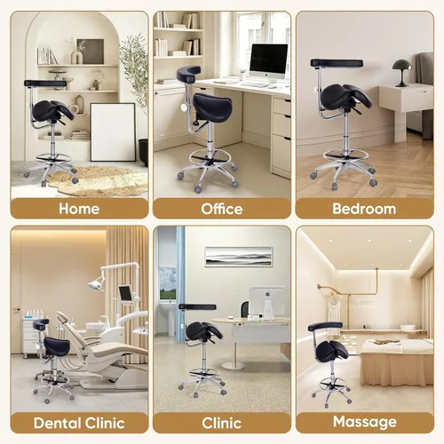 Vista 7 de Taburete redondo con ruedas y asientos divididos y reposapiés Silla dental con reposabrazos giratorios para dentista, oficina, tienda en casa
