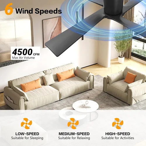 Vista 6 de WINGBO Ventilador de techo CC de montaje empotrado de 48 pulgadas sin luces, 4 aspas de madera tallada, motor CC reversible de 6 velocidades