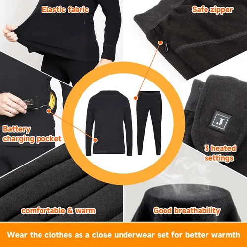 Vista 6 de Ropa interior térmica con calefacción para hombres y mujeres ropa interior larga con calefacción conjuntos de capa base Johns camisa calefactada