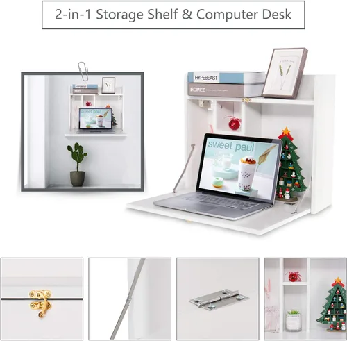 Vista 5 de ELECWISH Escritorio minimalista plegable para portátil montado en la pared, blanco, 23.5 x 20 x 20 pulgadas